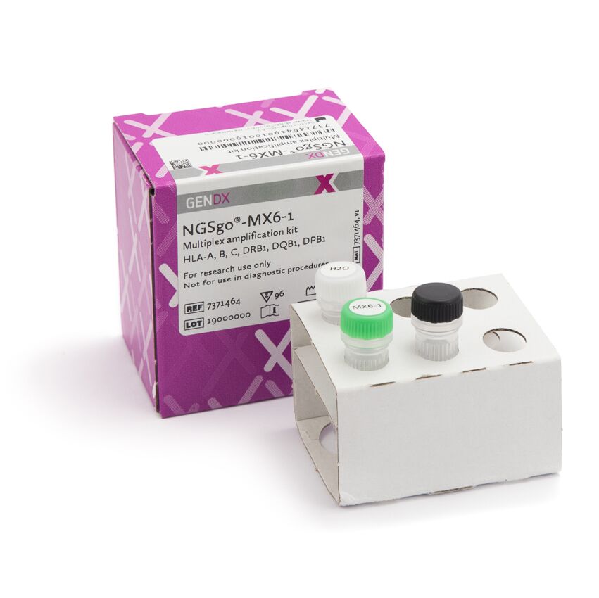 NGSgo-MX6-1 features six loci in one tube for the amplification of HLA-A, -B, -C, -DRB1, -DQB1 and –DPB1. A ready-to-use PCR mastermix (GenDx-LongMix) is included in the kit. One-Day-Workflow: NGSgo-MX6-1 makes it possible to perform 6-loci HLA typing within 24 hours (10 samples on Illumina MiSeq Nano flow cell). This includes data analysis and report. Compatible with Illumina and PacBio sequencing systems. Available as RUO, CE-marked IVD (IVDR), and Health Canada IVD.