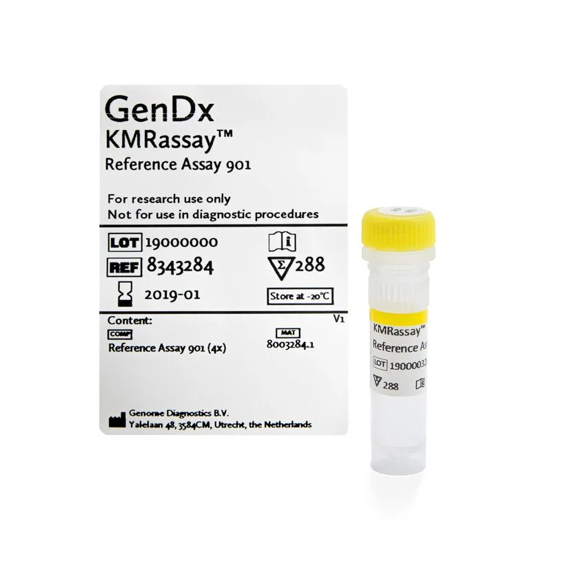 Il saggio di riferimento KMRassay 901 contiene il riferimento genetico necessario per le prestazioni di KMRtype e KMRtrack. Questo test ha come target un gene housekeeping al di fuori della regione HLA ed è stato progettato per dare un risultato positivo per tutto il DNA umano. Disponibile in versione RUO e IVD con marchio CE.